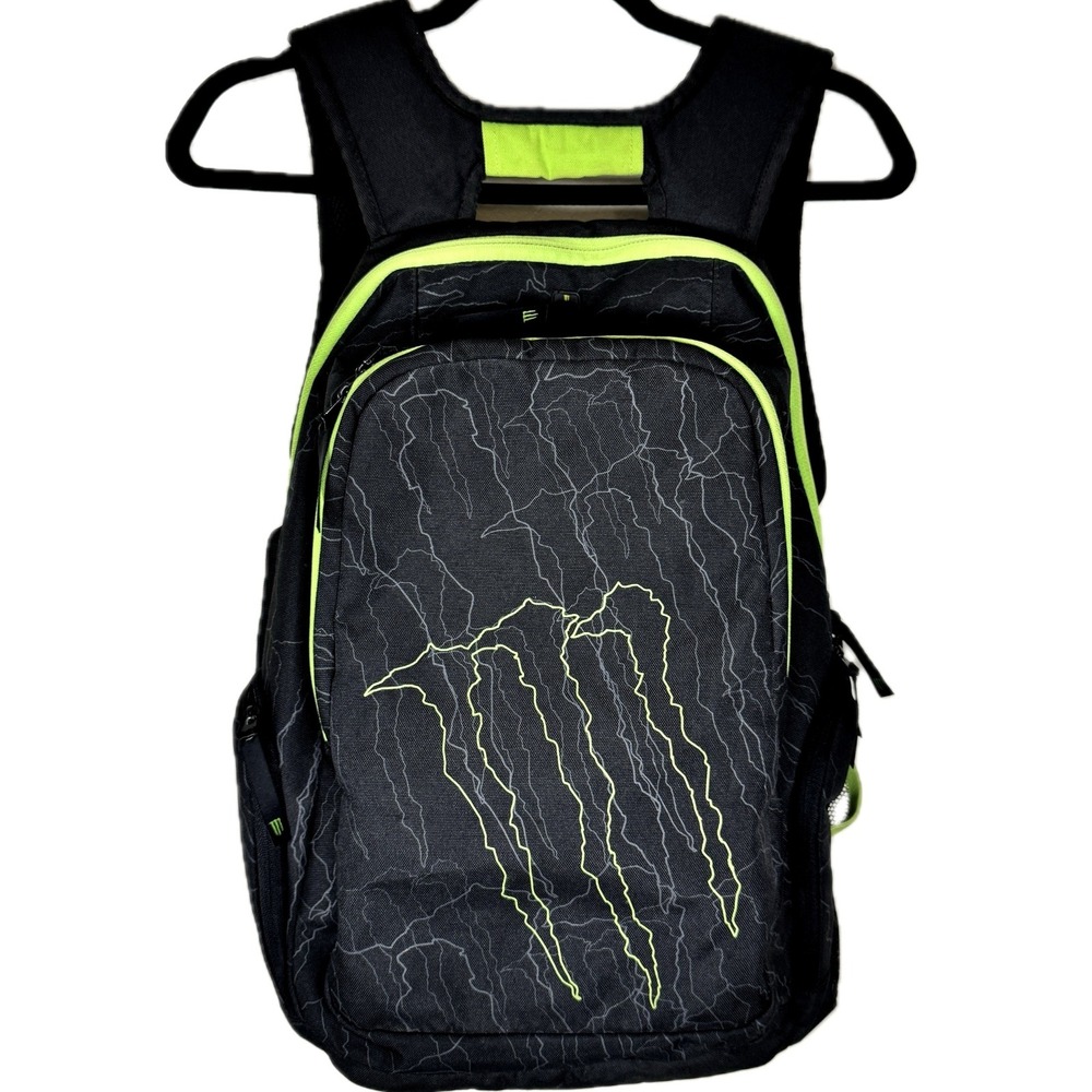 Monster Energy Backpack Black Green Lightning Logo Padded Adjustable Straps